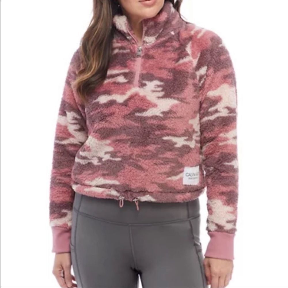 Calvin Klein Performance Pink Camo Faux-Sherpa Cropped Pullover Top Women XL NWT